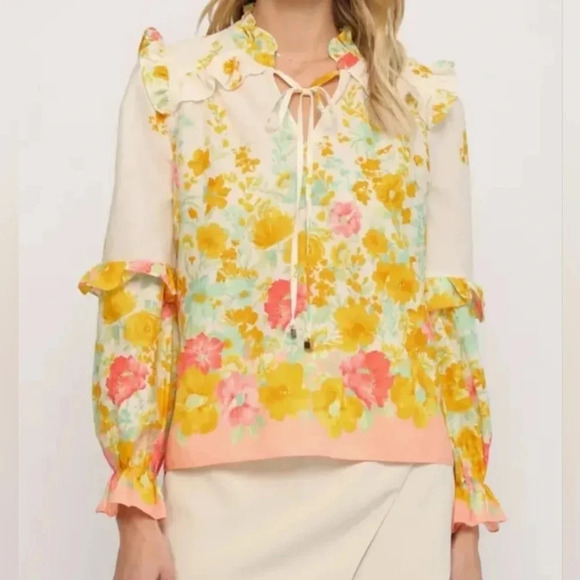 FATE Ombre Floral Split Neck Ruffle Blouse w/ Ties, Lined, Size Small, EUC! - Picture 1 of 15